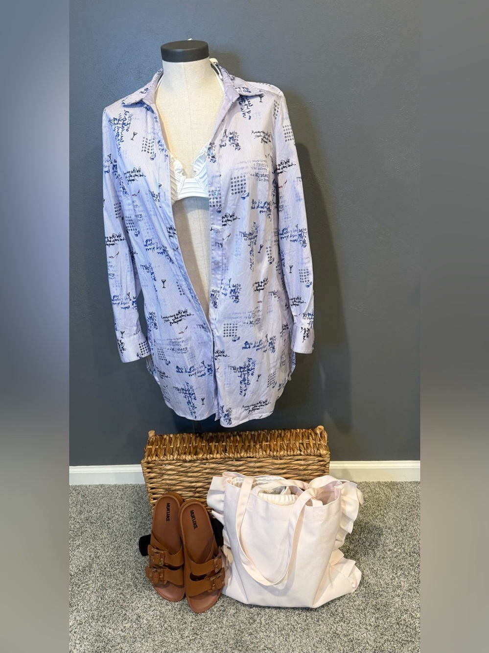 Chico's Light Blue Script Stripe Button-Front Shirt